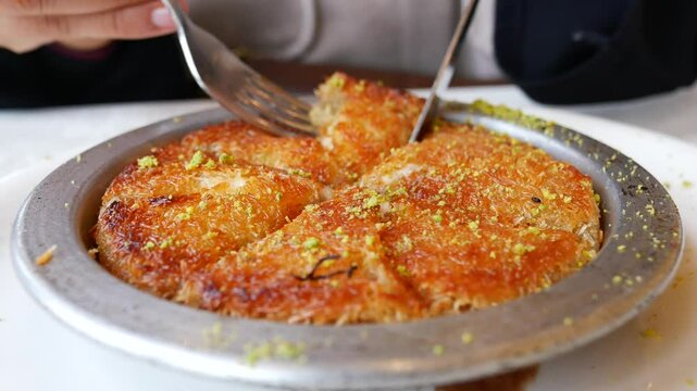 Delicious dessert kunefe served in a restaurant in the evening