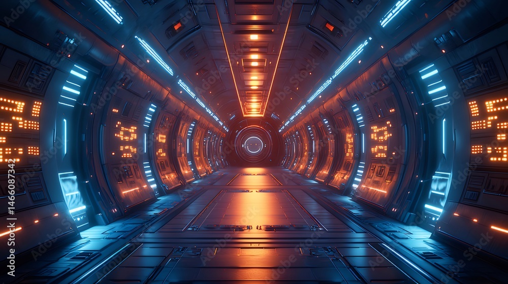 Poster オレンジ色と青色のネオン照明を備えた未来的な宇宙船のトンネルの通路の3dレンダリング