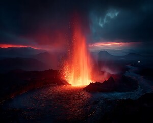 Volcanic Eruption at Dusk Over Mountains