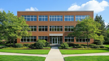 Brick facade building surrounded by verdant trees against a clear sky enhancing a modern urban architectural landscape