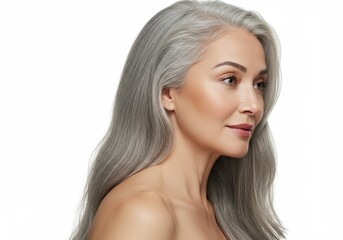 Fototapeta premium Profile of a beautiful mature woman with long gray hair and smooth skin against a white background