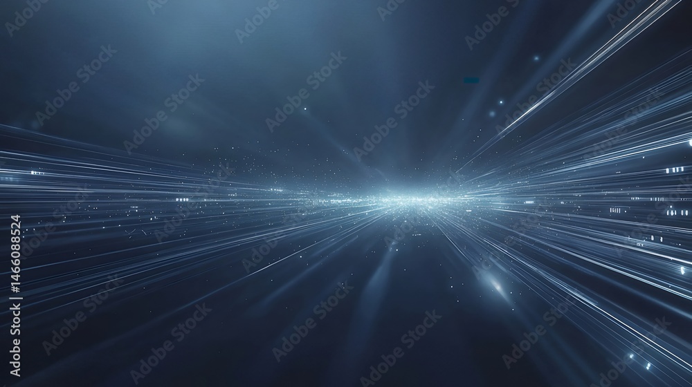 Poster 抽象的な青色の光線と速度の背景 未来的な技術データフローネットワーク通信速度感のあるデジタル空間トンネルとパーティクルの線
