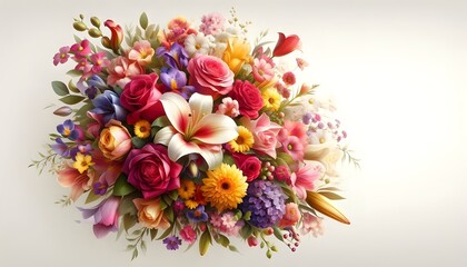 Vibrant floral arrangement with roses, lilies, and daisies in vivid colors, set on a soft white background. Ideal for greeting cards, wallpapers, or floral art. High-resolution with rich, detailed.