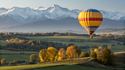 Scenic hot air balloon ride above a colorful fall valley, framed by dramatic snowy peaks and forested hills