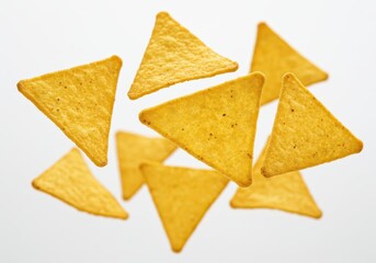 Scattered triangle tortilla chips with a golden color are arranged on a white surface in a random pattern