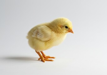 Obraz premium A fluffy yellow chick stands on a white surface looking down in a studio shot
