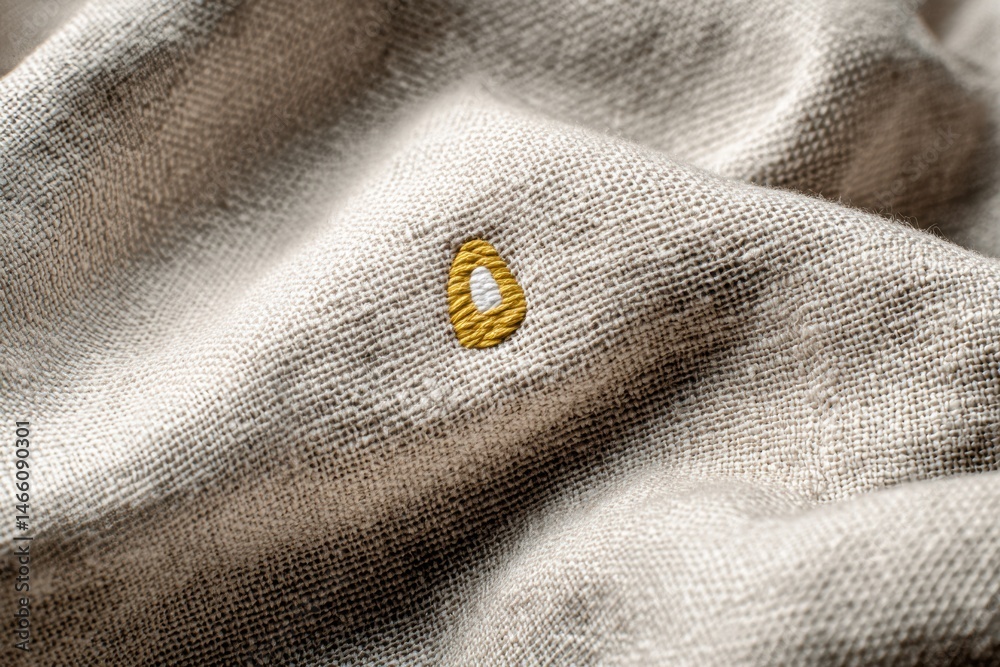 Aufkleber linen texture featuring embroidered egg icon with subtle stitch detailing on raw fabric in soft natu