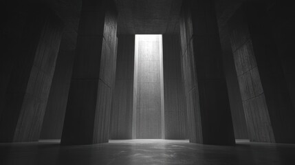 Dark concrete interior, light shaft, architectural, empty space