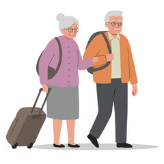 Elderly couple traveling abroad - silver-haired pair with suitcases exploring European streets, their faces lit with joy of discovery and warmth of companionship.