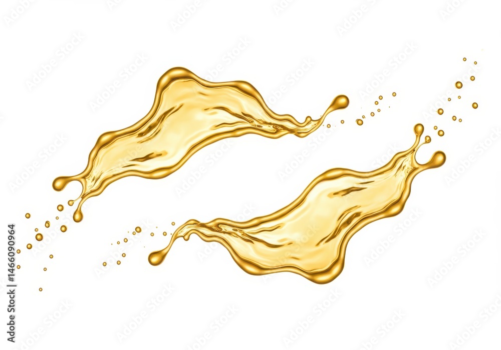 Poster golden liquid splash with small droplets isolated on white background, creating a dynamic and fluid 