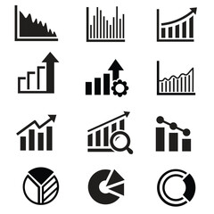 Growing bar 12 icon set. Business graphs and charts icons. Statistics and analytics vector icon. Statistic and data, charts diagrams, money, down or up arrow.