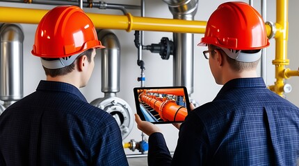 Engineers using a digital tablet to inspect complex industrial piping system in a modern facility, showcasing smart maintenance, engineering, and industrial technology workflow

