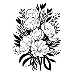 Elegant monochrome floral bouquet illustration with stylized blooming flowers