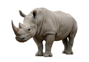 Fototapeta premium Full body view of a rhinoceros standing calmly on a white background in a studio setting, looking forward