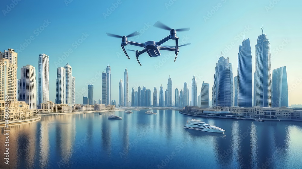 Aufkleber 晴れた日の近代的な都市景観の上空を飛ぶドローン 青い空と水に映る高層ビルが特徴的な未来的な都市の眺め
