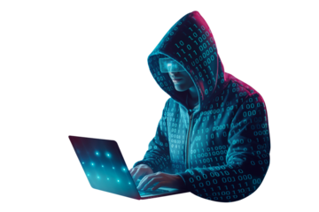 Mysterious Figure in Cloak Illuminated by Laptop Glow
