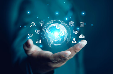 Hand holding globe with data connection network icon, Developing the changing intelligent data and global business development, Applying the digital technology of artificial intelligence.