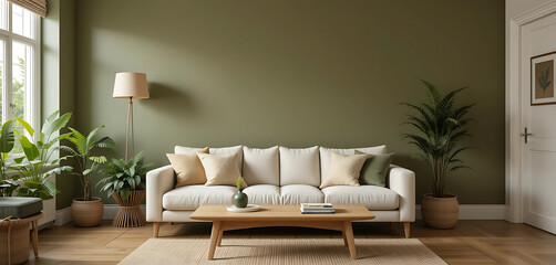 Naklejka premium Cozy Scandinavian living room featuring olive green walls, a cream fabric sofa, and a teak coffee table. Warm wood floors and indoor ferns create a grounded, natural aesthetic.