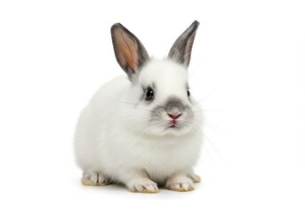 Obraz premium Adorable white rabbit sitting upright with gray markings, looking directly at the camera on a white background