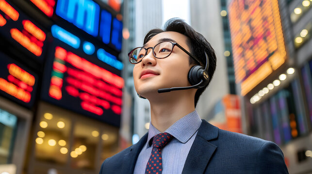 Smart Executive Amidst the City Lights: A sharp Asian businessperson, immersed in the city's dynamic ambiance, dons a sleek headset, embodies professionalism and technological savvy