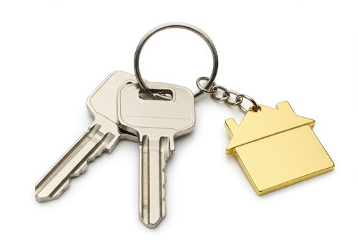 Keys with a house shaped keychain on a white background represent a new home purchase or real estate concept