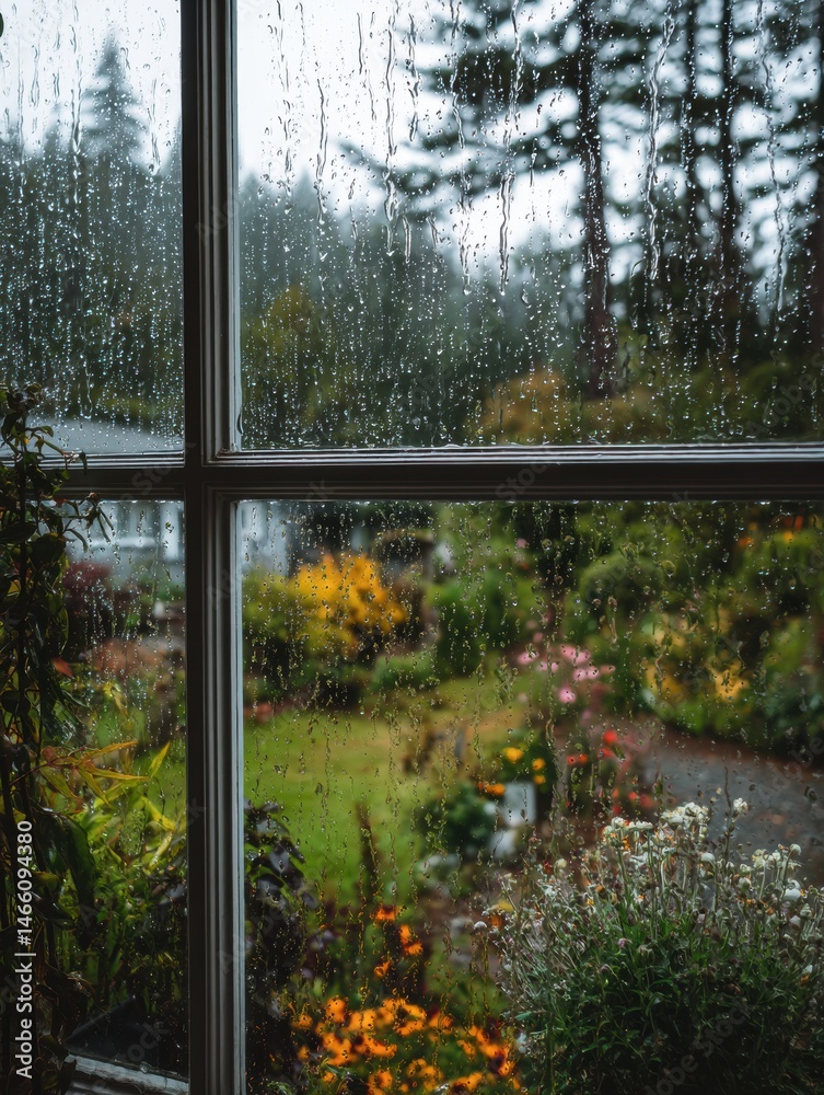 Poster rainy window view showcasing a vibrant garden with colorful flowers and lush greenery on a tranquil 