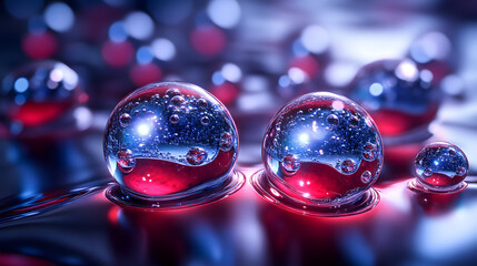 Water Droplets in Close Up: A captivating macro shot of water droplets reflecting light in an abstract composition, showing their translucent forms and internal reflections of colors. 