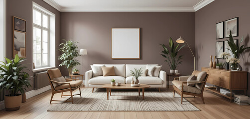 Fototapeta premium Scandinavian living room with smoky mauve walls, a soft ivory sofa, and classic mid-century furniture. Light oak floors, textured rugs, and indoor plants bring a refined warmth.
