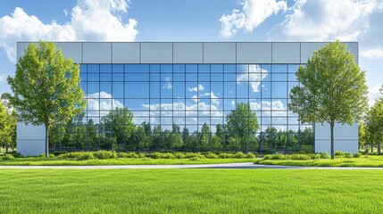 Obraz premium Modern office architecture reflecting blue sky and clouds with vibrant green grass area surrounding the contemporary building design