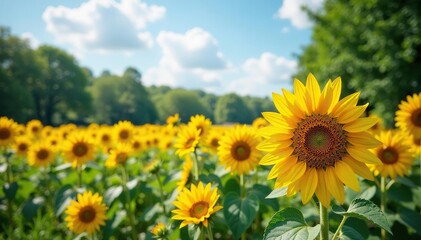Obraz premium Sunflowers blooming in vibrant park landscape, colorful, summertime, yellow
