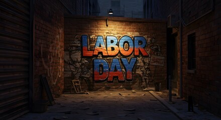 Naklejka premium Labor Day Graffiti Art on Urban Brick Wall