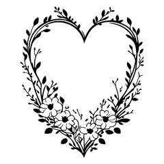 Obraz premium Botanical Heart Frame with Delicate Twigs and Flowers, Vector Illustration
