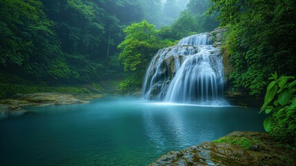 Fototapeta premium Stunning waterfall plunging into a deep pool surrounded by vibrant green forest foliage