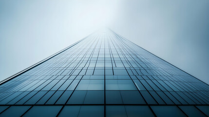 Fototapeta premium Tall skyscraper viewed from below against a hazy sky. Modern architecture.