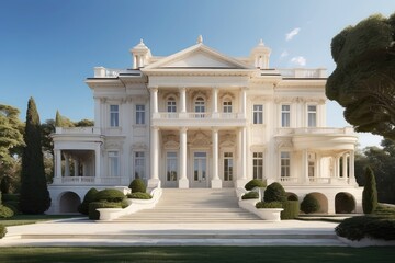 Obraz premium A grand yellow mansion featuring a spacious porch and stone foundation.
