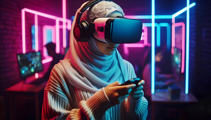 Obraz premium A woman wearing VR goggles, standing in a room, fully absorbed in a virtual world, surrounded by neon lights.