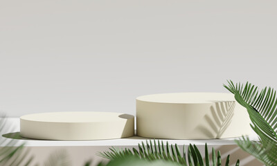 Light yellow product display stands decorated with green leaves on a white background. 3d rendering