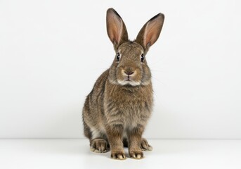 Fototapeta premium A brown rabbit sits upright against a white background, looking directly at the camera with its ears perked up