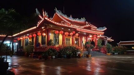 Fototapeta premium Night view of illuminated Chinese temple with red lanterns