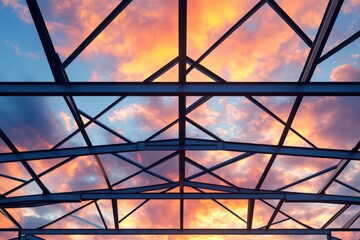 Metal framework structure with a vibrant sunset sky.
