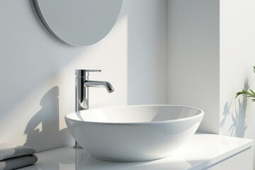 Fototapeta premium Modern white bathroom sink with chrome faucet, clean and minimalist design , modern, elegant