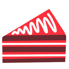 Slice of Layered Chocolate Cake with Red Frosting and White Drizzle Design
