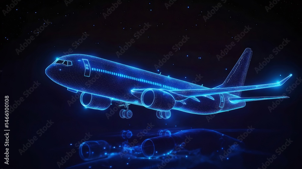 Poster 青色のデジタル点線と線で作られた未来的な飛行機のイラストと暗い背景の反射を備えたダイナミックな航空機のレンダリング