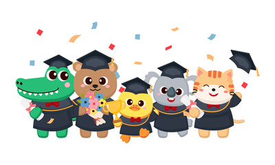 Cute animal friends having graduation celebration party