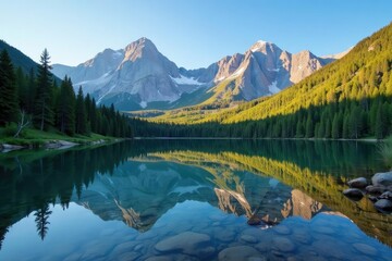 Serene Colorado mountain lake reflecting surrounding peaks, crystal clear water, alpine scenery , mountain lake reflection, still, outdoor
