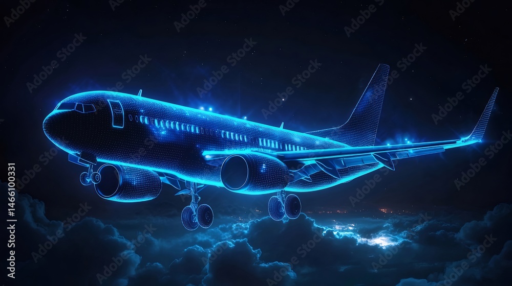 Aufkleber 青い輝きを放つデジタル飛行機が夜空を飛ぶ テクノロジーと旅行の未来を象徴する抽象的な航空イラスト