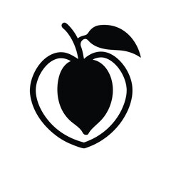 peach vector silhouette icon, black and white illustration of food.