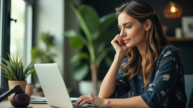Lawyer engaging in legal work at a stylish office, showcasing dedication to honesty and justice while focused on her laptop