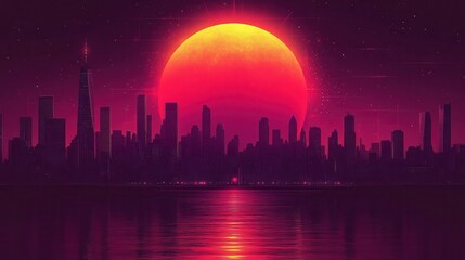 Retro urban pixel art skyline bathed in a radiant synthwave sunset evoking nostalgia for vintage aesthetics and 80s inspired graphic visuals