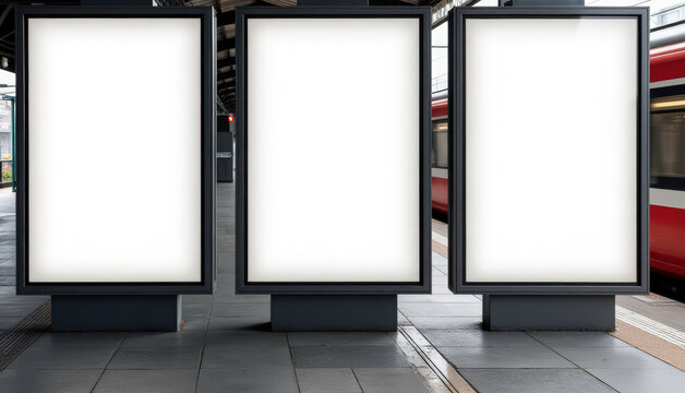 Three blank billboards on train station platform. Advertising placeholders for marketing or brand promotion. Fast train on background, copy space for text or design